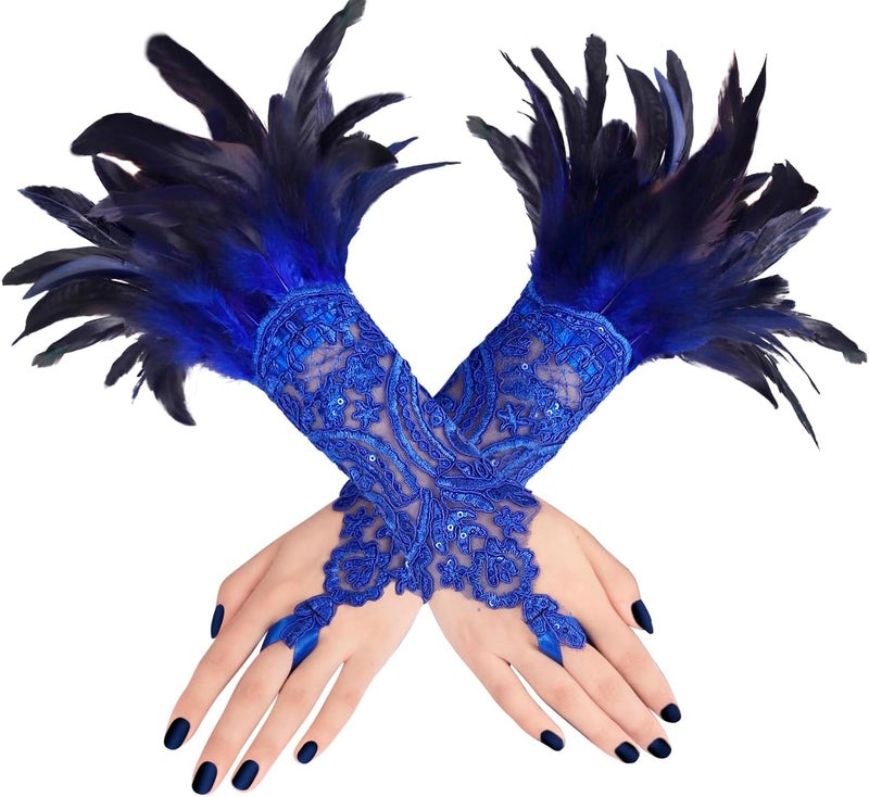 UQJE 2PCS Women's Lace Feather Long Gloves Gothic Mesh Cuff Wedding Halloween Party - Image 1